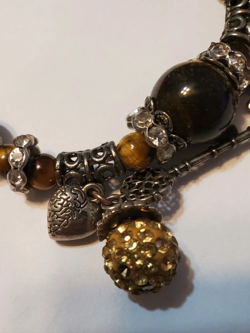 Womens Faux Tiger's Eye Stretchy Beaded Charm Bracelet‎ Brown & Gold